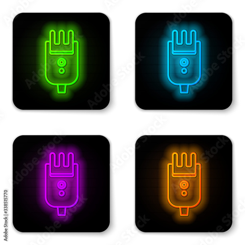 Glowing neon line Electrical hair clipper or shaver icon isolated on white background. Barbershop symbol. Black square button. Vector Illustration