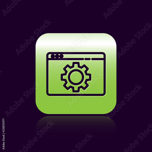 Black line Browser setting icon isolated on black background. Adjusting, service, maintenance, repair, fixing. Green square button. Vector Illustration