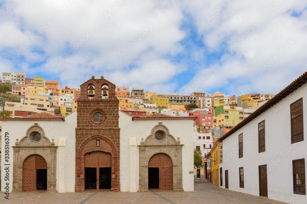 Main facade of the main church of the Assumption dated in the XV century in San Sebastian de la Gomera. April 15, 2019. La Gomera, Santa Cruz de Tenerife Spain Africa.