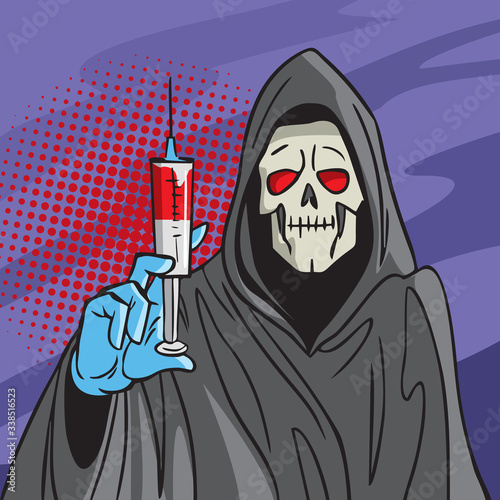 Drug addict. Death holds a syringe with a drug. Dangerous drugs. Comic style illustration.