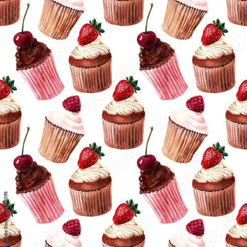 Watercolor seamless pattern with buns  cream cupcakes and ripe strawberries  raspberries and cherries