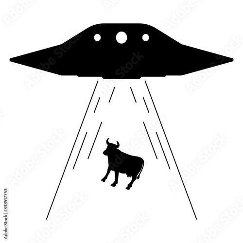 Black and white UFO abducts a cow. Vector of UFO for a website or mobile application on white background.