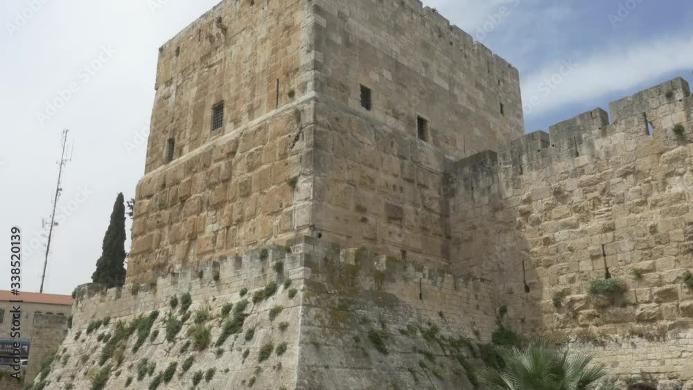 JERUSALEM, ISRAEL - MAY 18, 2016: Tower of David at The Armenian Patriarchate street near Jaffa Gate entrance to western part of the Old City. JERUSALEM, ISRAEL - MAY 18, 2016: Tower of David at The Armenian Patriarchate street near Jaffa Gate entrance to western part of the Old City.