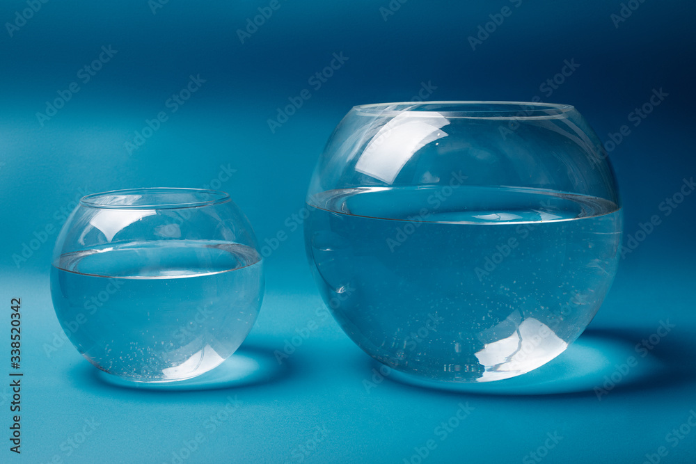 Two transparent aquariums with water on a blue background
Two transparent aquariums with water on a blue background