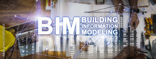 BIM Technology Banner. Double Exposure of Designer meeting and Discussion about project startup, Building Information Modeling Technology in Construction Management Concept. photo