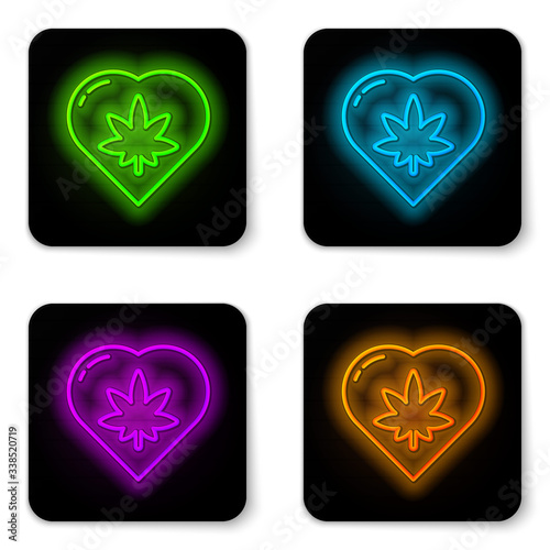 Glowing neon line Marijuana leaf in heart shape icon isolated on white background. Hemp symbol. Black square button. Vector Illustration