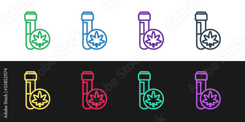 Set line Chemical test tube with marijuana or cannabis leaf icon isolated on black and white background. Research concept. Laboratory CBD oil.  Vector Illustration