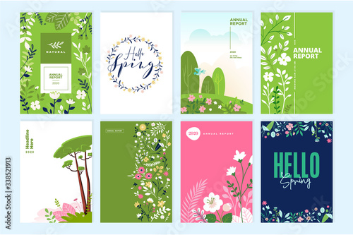 Set of brochure designs on the subject of nature, spring, beauty, fashion, natural and organic products, environment. Vector illustration or cover design templates, annual reports, marketing material. photo