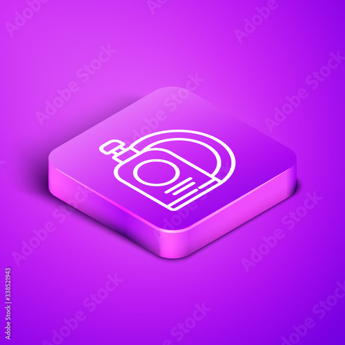 Isometric line Dishwashing liquid bottle and plate icon isolated on purple background. Liquid detergent for washing dishes. Purple square button. Vector Illustration