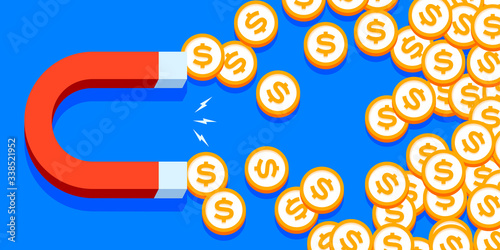 Magnet for money. Coin attraction. Loadstone icon in flat style, simple tool on color background. Vector design element for you project 