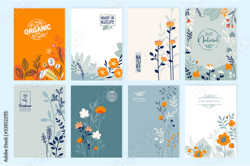Set of brochure designs on the subject of nature, spring, beauty, fashion, natural and organic products, environment. Vector illustration concepts for cover designs, annual reports, business papers, p
