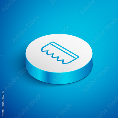 Isometric line Sponge with bubbles icon isolated on blue background. Wisp of bast for washing dishes. Cleaning service logo. White circle button. Vector Illustration