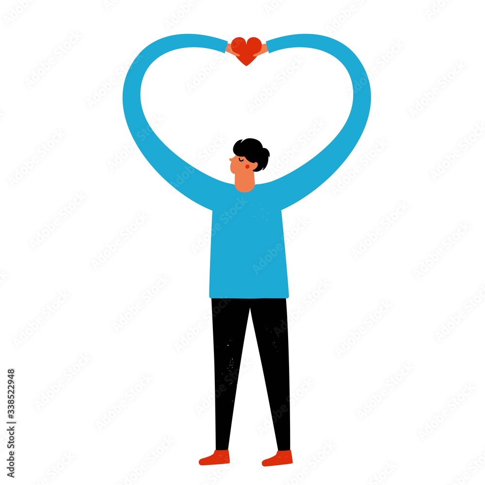 Vector illustration with man in blue sweater holding red heart. Love who you are and love yourself concept art.