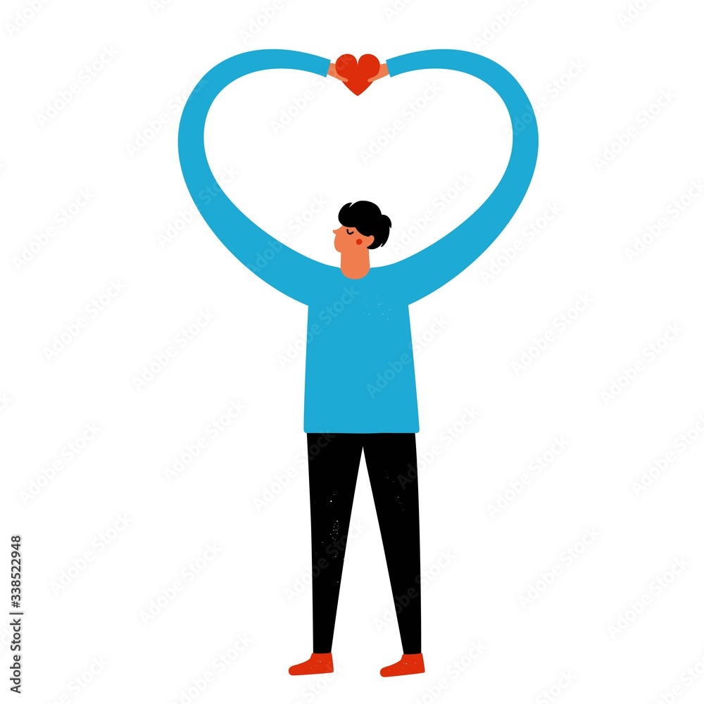 Vector illustration with man in blue sweater holding red heart. Love who you are and love yourself concept art. Vector illustration with man in blue sweater holding red heart. Love who you are and love yourself concept art.