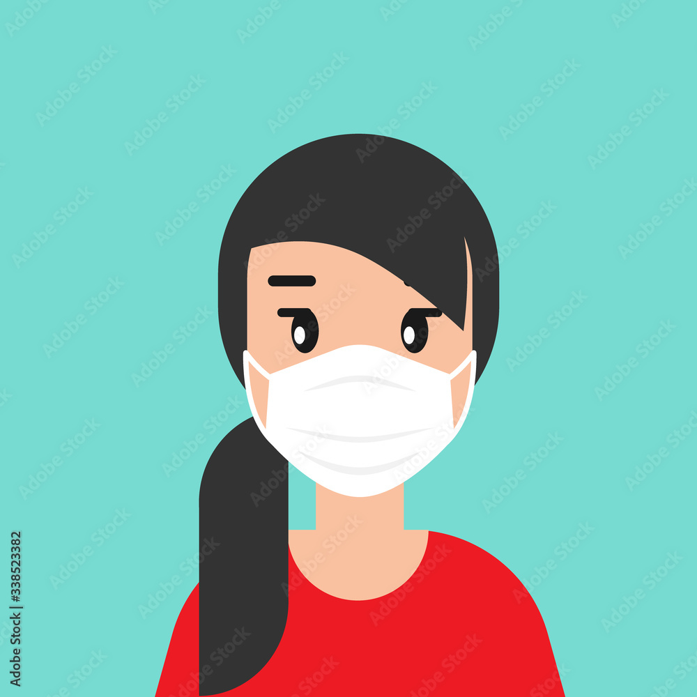 girl with medical mask avatar. cute woman with black hair. flat icon on blue background. person character.