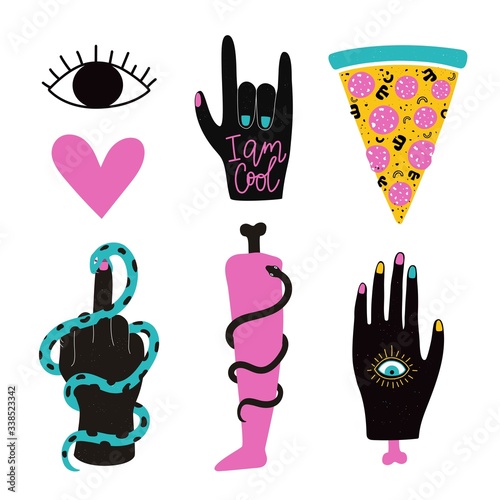 Vector set with isolated on white background elements. Hands, leg with bone, pizza, eyes and heart. Colored typography prints collection