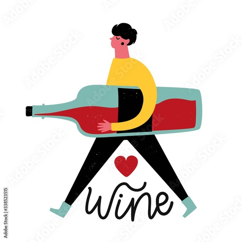 Vector illustration with young man holding huge red wine bottle. Wine lettering word and heart. Funny colored typography poster with grunge dots, apparel print design, bar menu or wall decoration