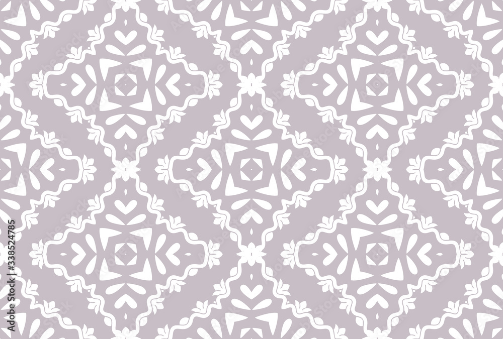 White monohrome floral ornate pattern. Seamless design for fabric, textile, book, interior, wallpaper.