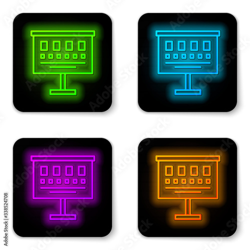 Glowing neon line Eye test chart icon isolated on white background. Poster for vision testing in ophthalmic study. Snellen chart. Black square button. Vector Illustration