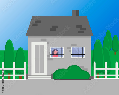 Gray house with bars on the windows. Against the background of colorful streets. A sad woman behind bars looks out the window. The concept of imprisonment, house arrest, self-isolation. Vector.