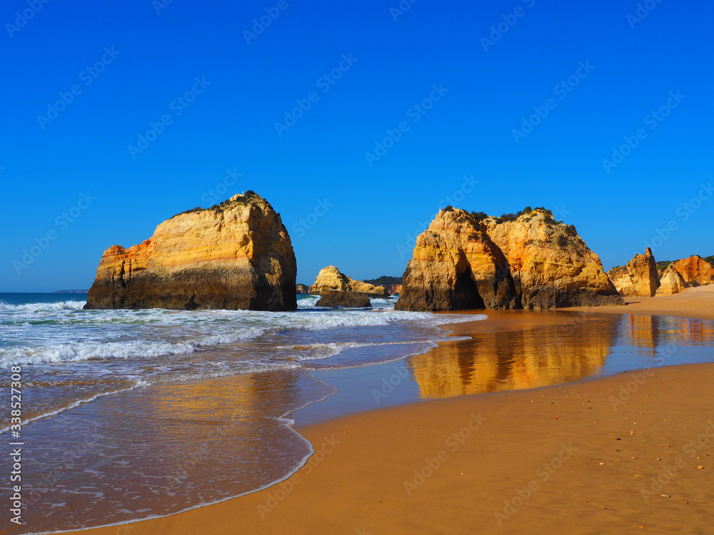 View of Praia dos Tres Castelos beach in Portimao, Algarve, Portugal