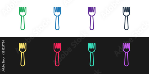 Set line Disposable plastic fork icon isolated on black and white background.  Vector Illustration