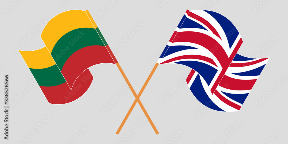 Crossed and waving flags of Lithuania and the UK