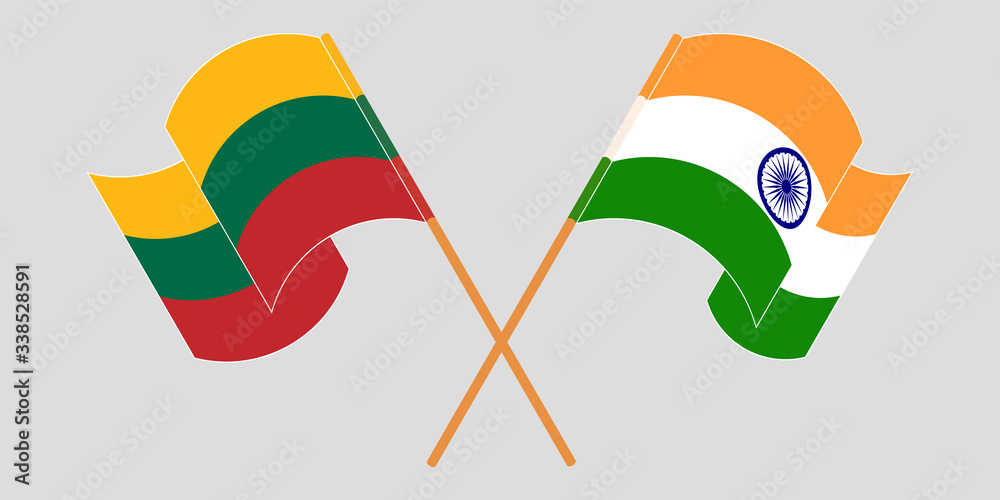 Crossed and waving flags of Lithuania and India Crossed and waving flags of Lithuania and India
