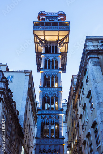 Lisbon, Portugal - May, 24th, 2018 : Elevador de Santa Justa lift, first opened in 1899. It connects the lower streets of the Baixa with the higher Chiado district.