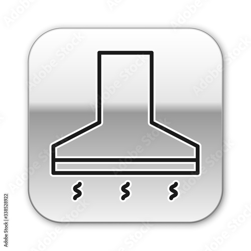 Black line Kitchen extractor fan icon isolated on white background. Cooker hood. Kitchen exhaust. Household appliance. Silver square button. Vector Illustration