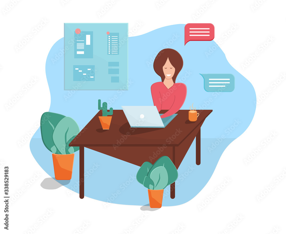 Vector illustration. Leave to work at home or office. Woman working on laptop. Business correspondence. Vector illustration. Leave to work at home or office. Woman working on laptop. Business correspondence.