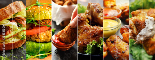 Chicken dishes. Nuggets,meatballs,chicken breast, wings. Different food. A variety of meat dishes. Food collage.