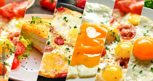 Collage of various dishes. A varied menu of chicken eggs. Fried eggs omelet. Collage with yellow food.