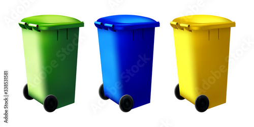 Sorting system, recycled symbol on colorful containers. Set of street dustbin. Bin trash isolated container.