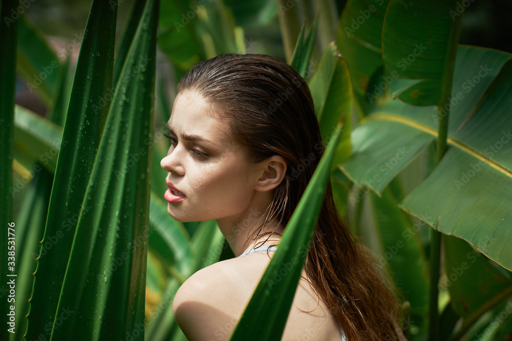 beautiful woman green leaves pure skin charm