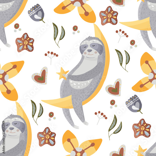 Cute sloth on a moon. Cartoon vector seamless pattern in a flat style. Slow lazy animal with hearts, stars and flowers, nature kid print on a white background.