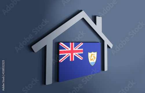 Anguilla is my home. 3D illustration that represents a house with the flag of the country inside, suggesting the love for the native country.