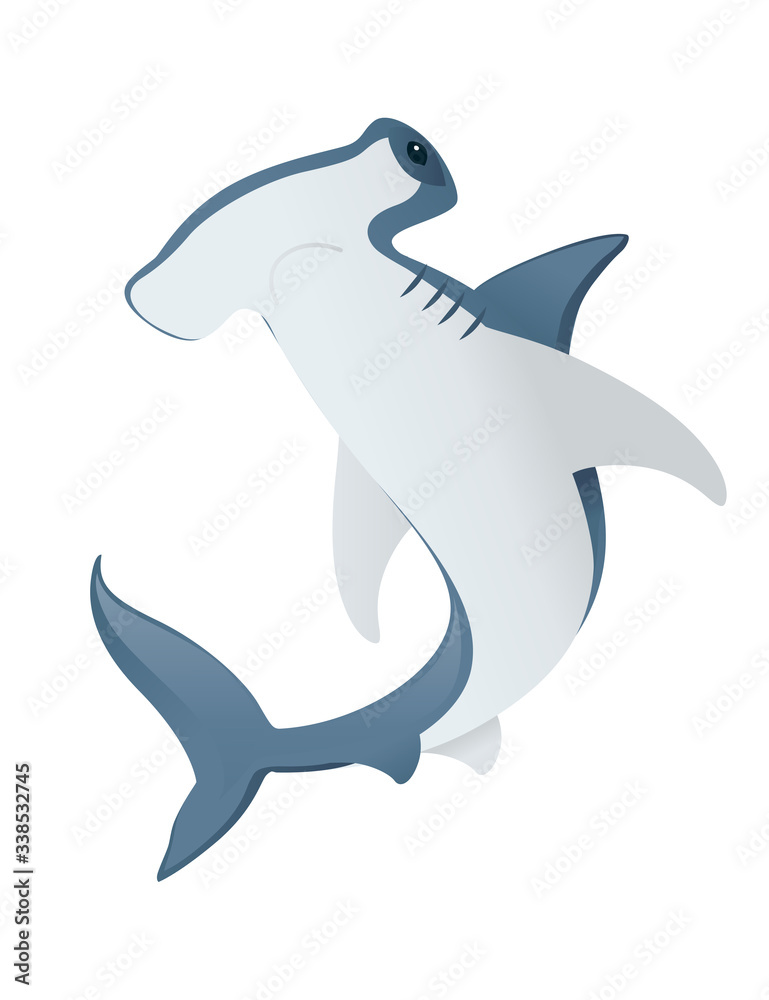 Fototapeta premium Hammerhead shark underwater giant animal simple cartoon character design flat vector illustration isolated on white background