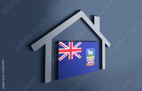 Falkland Islands is my home. 3D illustration that represents a house with the flag of the country inside, suggesting the love for the native country.
