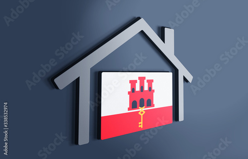 Gibraltar is my home. 3D illustration that represents a house with the flag of the country inside, suggesting the love for the native country.