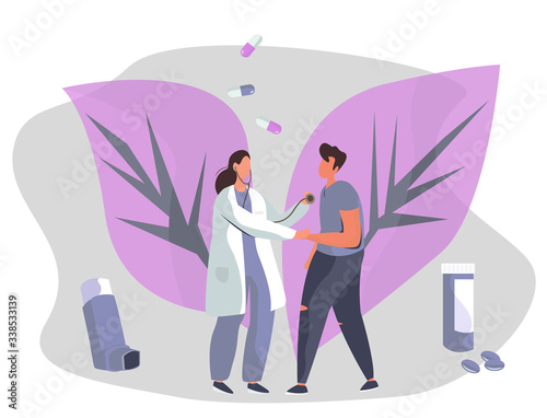 Pulmonology Specialist check Tuberculosis or Pneumonia Disease. Respiratory Medicine. Doctor Listen Lungs with Stethoscope. Medical Staff Work. Inhaler and Drugs on background.Flat Vector Illustration