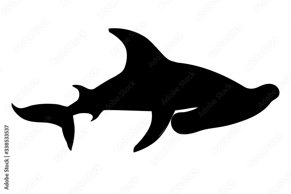 Black silhouette hammerhead shark underwater giant animal simple cartoon character design flat vector illustration isolated on white background - obrazy, fototapety, plakaty 