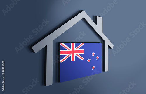 New Zealand is my home. 3D illustration that represents a house with the flag of the country inside, suggesting the love for the native country.