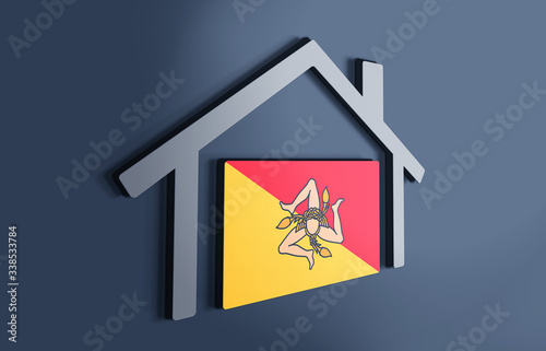 Sicily is my home. 3D illustration that represents a house with the flag of the country inside, suggesting the love for the native country.