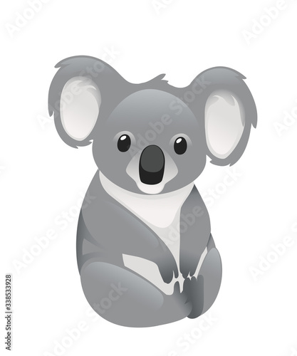 Cute grey koala bear sit on the ground and looking forward leaves cartoon animal design flat vector illustration isolated on white background