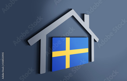 Sweden is my home. 3D illustration that represents a house with the flag of the country inside, suggesting the love for the native country.