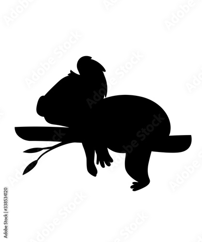Black silhouette koala bear lies resting on a wood branch cartoon animal design flat vector illustration isolated on white background
