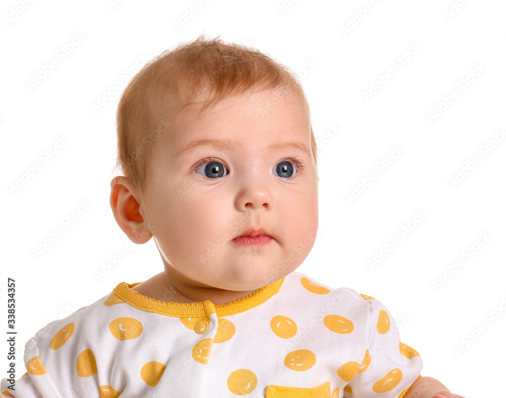 Cute baby in stylish clothes on white background Cute baby in stylish clothes on white background