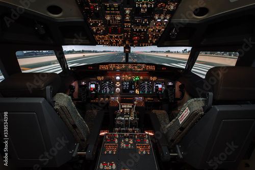 Cockpit of modern Boeing aircraft. No pilots in cabin. Flights suspended because of coronavirus. Content for newspapers