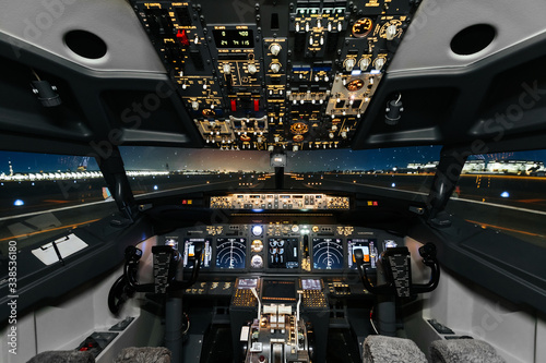 Canvas Print Full view of cockpit modern Boeing aircraft before take-off